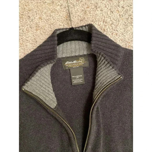Eddie Bauer Mens Pullover Sweater 1/4 Zip Size Tall L 100% Cotton Gray Striped - Picture 4 of 4